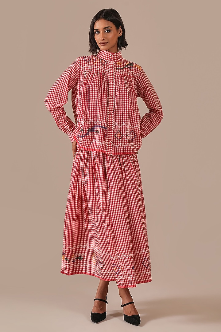 Red Cotton & Handwoven Jamdani Skirt Set by Indigo Dreams at Pernia's Pop Up Shop
