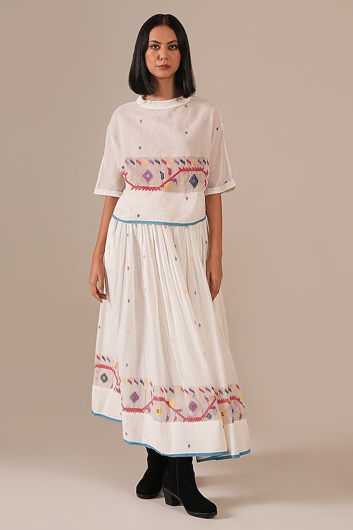 Ivory Cotton & Handwoven Jamdani Skirt Set by Indigo Dreams at Pernia's Pop Up Shop