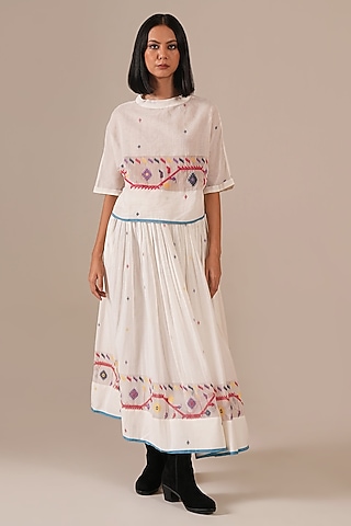 Ivory Cotton & Handwoven Jamdani Skirt Set by Indigo Dreams