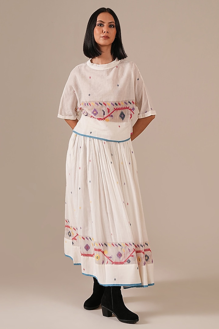 Ivory Cotton & Handwoven Jamdani Skirt Set by Indigo Dreams at Pernia's Pop Up Shop