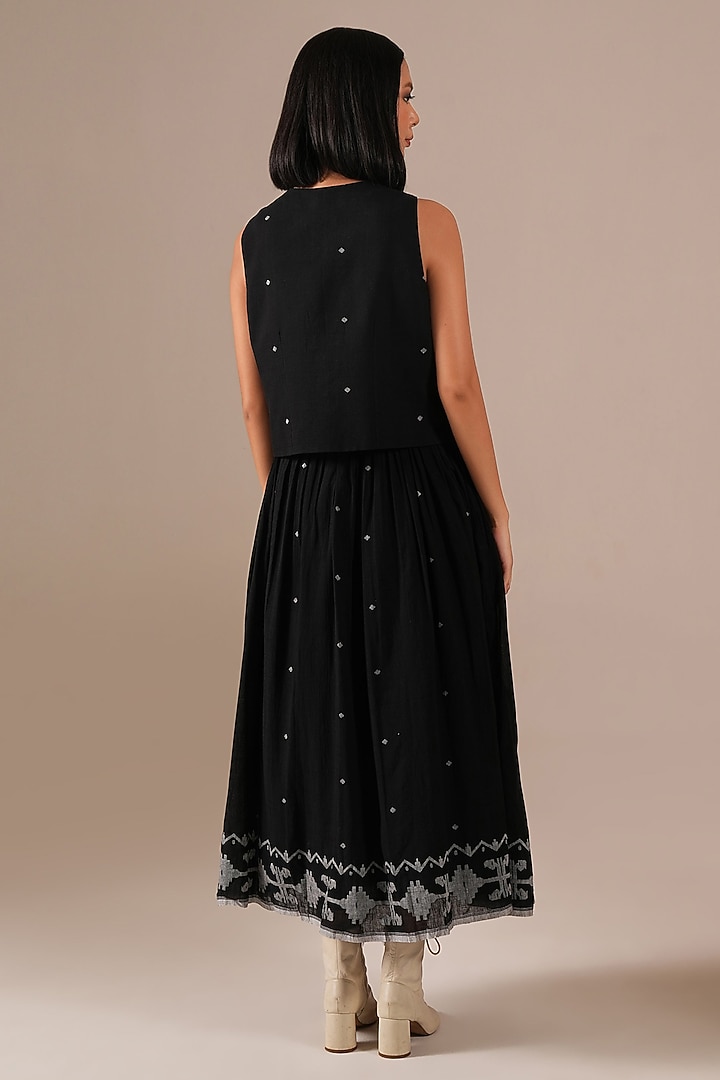 Black Handwoven Jamdani & Cotton Flared Vacation Dress With Waistcoat by Indigo Dreams at Pernia's Pop Up Shop