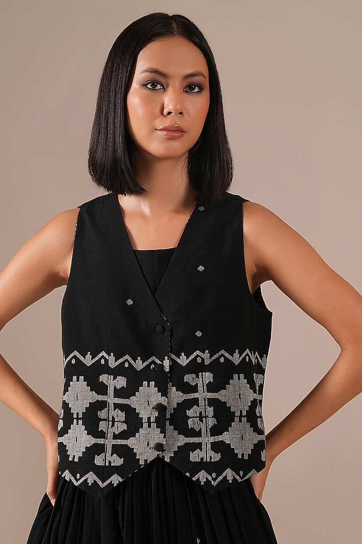 Black Handwoven Jamdani & Cotton Flared Vacation Dress With Waistcoat by Indigo Dreams at Pernia's Pop Up Shop