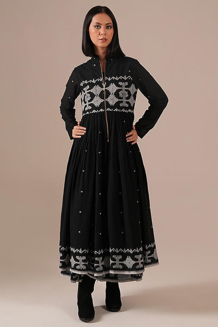 Black Handwoven Jamdani & Cotton Gathered Vacation Dress With Overlay by Indigo Dreams at Pernia's Pop Up Shop