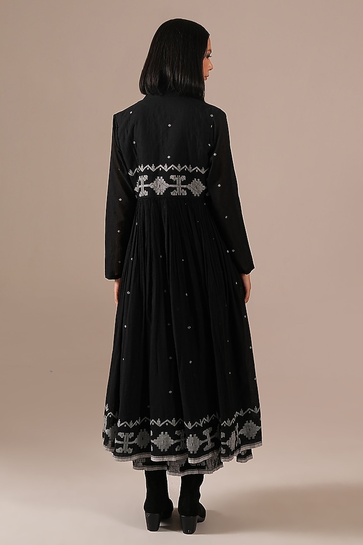 Black Handwoven Jamdani & Cotton Gathered Vacation Dress With Overlay by Indigo Dreams at Pernia's Pop Up Shop