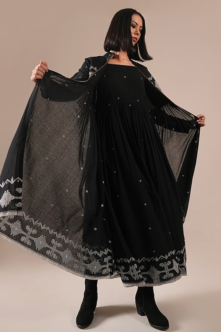 Black Handwoven Jamdani & Cotton Gathered Vacation Dress With Overlay by Indigo Dreams at Pernia's Pop Up Shop