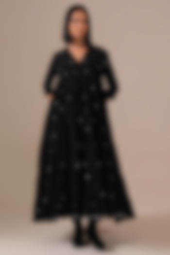 Black Handwoven Jamdani & Cotton Tiered Vacation Dress With Belt by Indigo Dreams at Pernia's Pop Up Shop