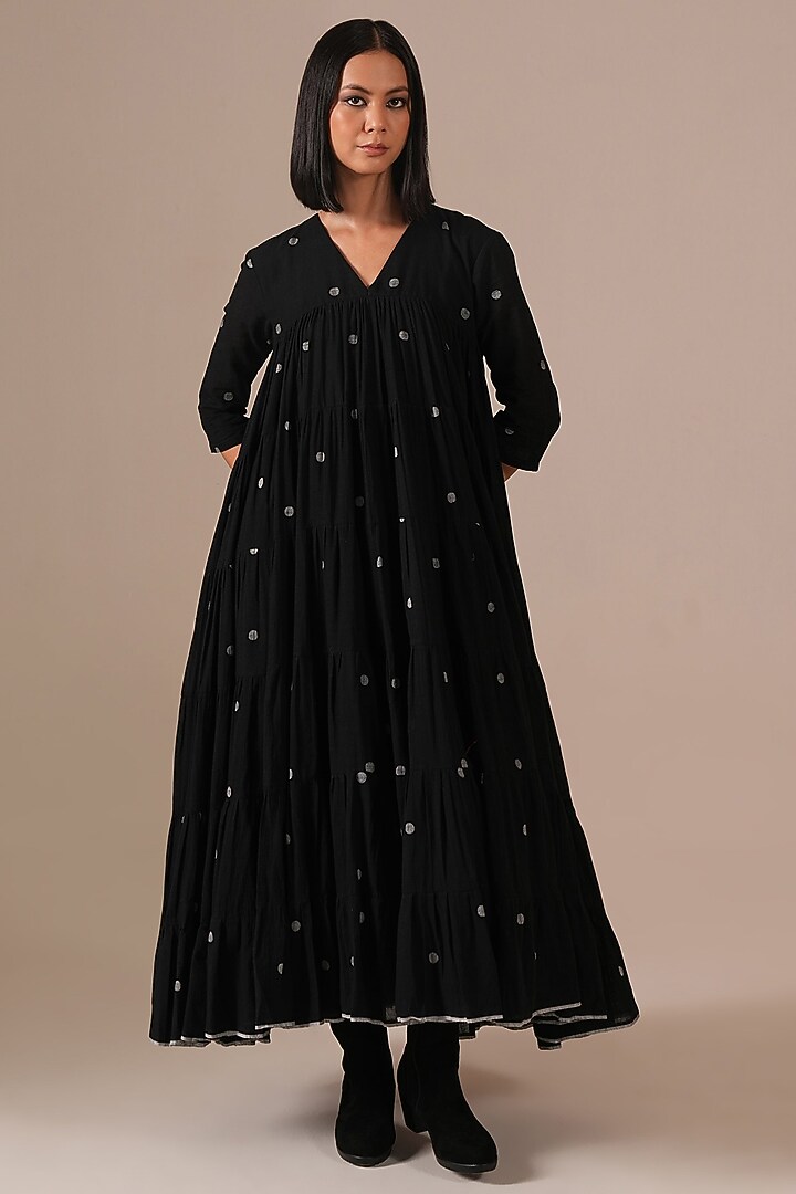 Black Handwoven Jamdani & Cotton Tiered Vacation Dress With Belt by Indigo Dreams at Pernia's Pop Up Shop