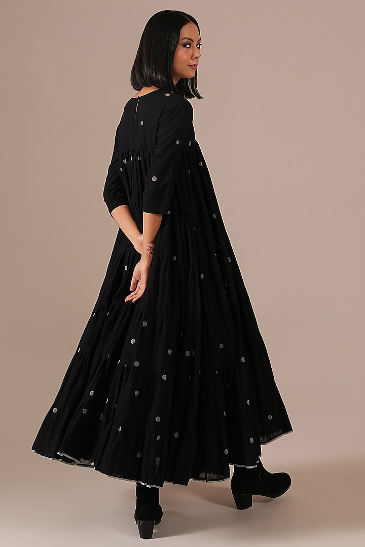 Black Handwoven Jamdani & Cotton Tiered Vacation Dress With Belt by Indigo Dreams at Pernia's Pop Up Shop