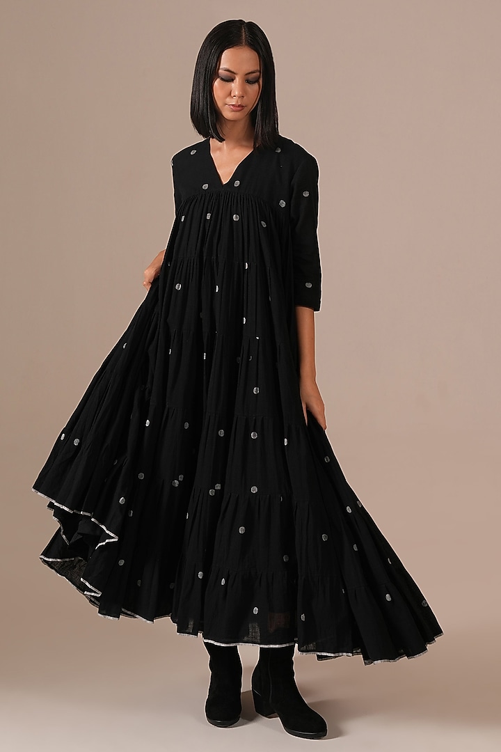 Black Handwoven Jamdani & Cotton Tiered Vacation Dress With Belt by Indigo Dreams at Pernia's Pop Up Shop