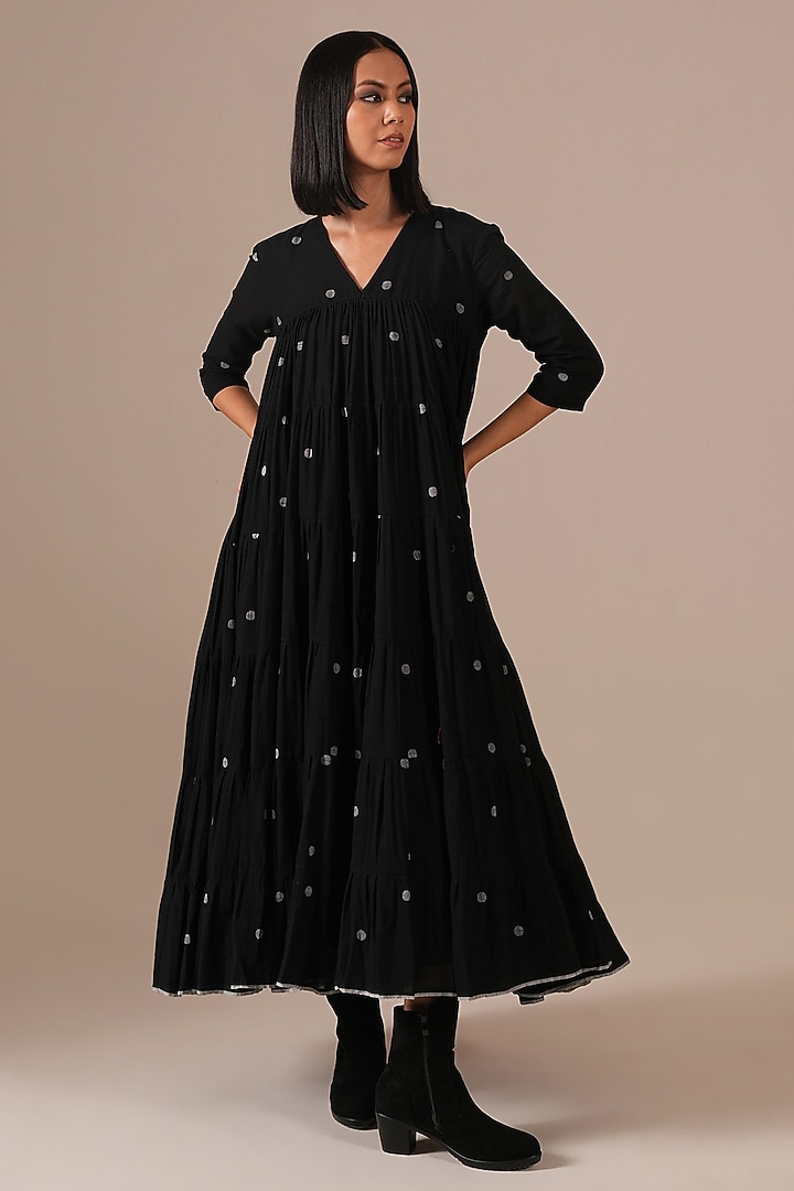 Black Handwoven Jamdani & Cotton Tiered Vacation Dress With Belt by Indigo Dreams at Pernia's Pop Up Shop