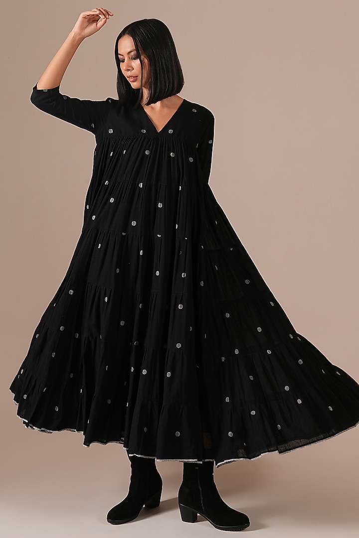 Black Handwoven Jamdani & Cotton Tiered Vacation Dress With Belt by Indigo Dreams at Pernia's Pop Up Shop