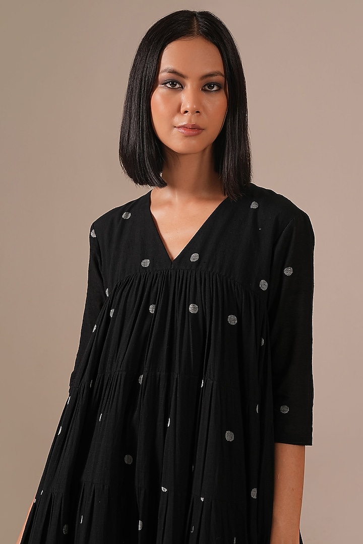Black Handwoven Jamdani & Cotton Tiered Vacation Dress With Belt by Indigo Dreams at Pernia's Pop Up Shop