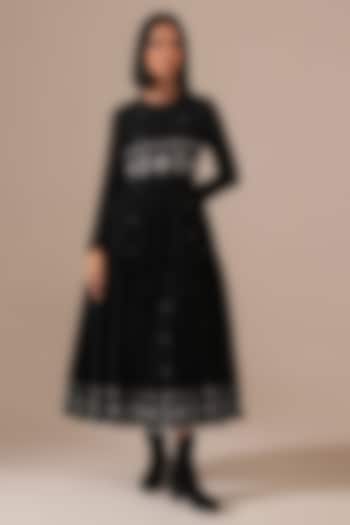 Black Handwoven Jamdani & Cotton Tiered Midi Vacation Dress by Indigo Dreams at Pernia's Pop Up Shop