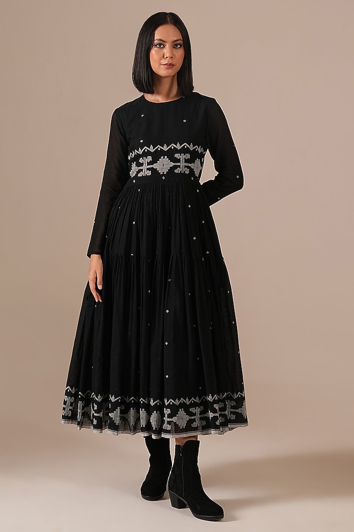 Black Handwoven Jamdani & Cotton Tiered Midi Vacation Dress by Indigo Dreams at Pernia's Pop Up Shop