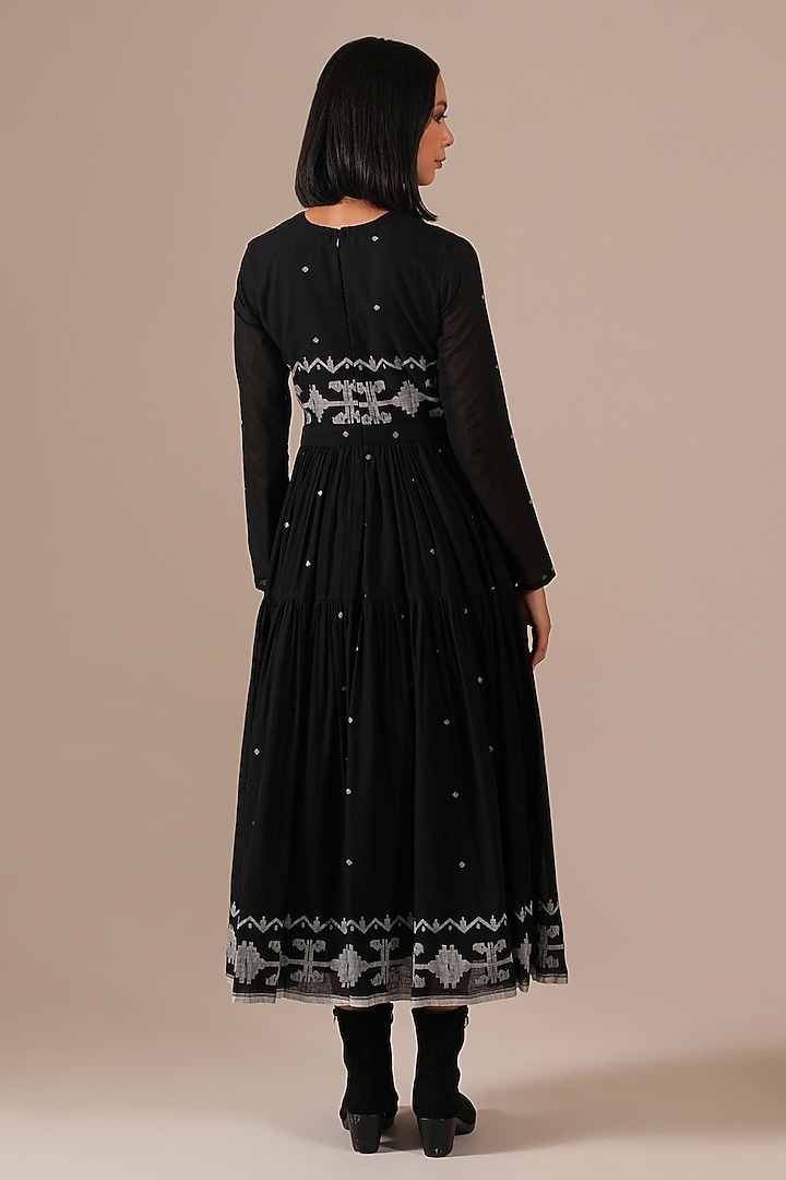 Black Handwoven Jamdani & Cotton Tiered Midi Vacation Dress by Indigo Dreams at Pernia's Pop Up Shop