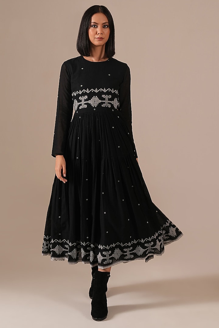 Black Handwoven Jamdani & Cotton Tiered Midi Vacation Dress by Indigo Dreams at Pernia's Pop Up Shop