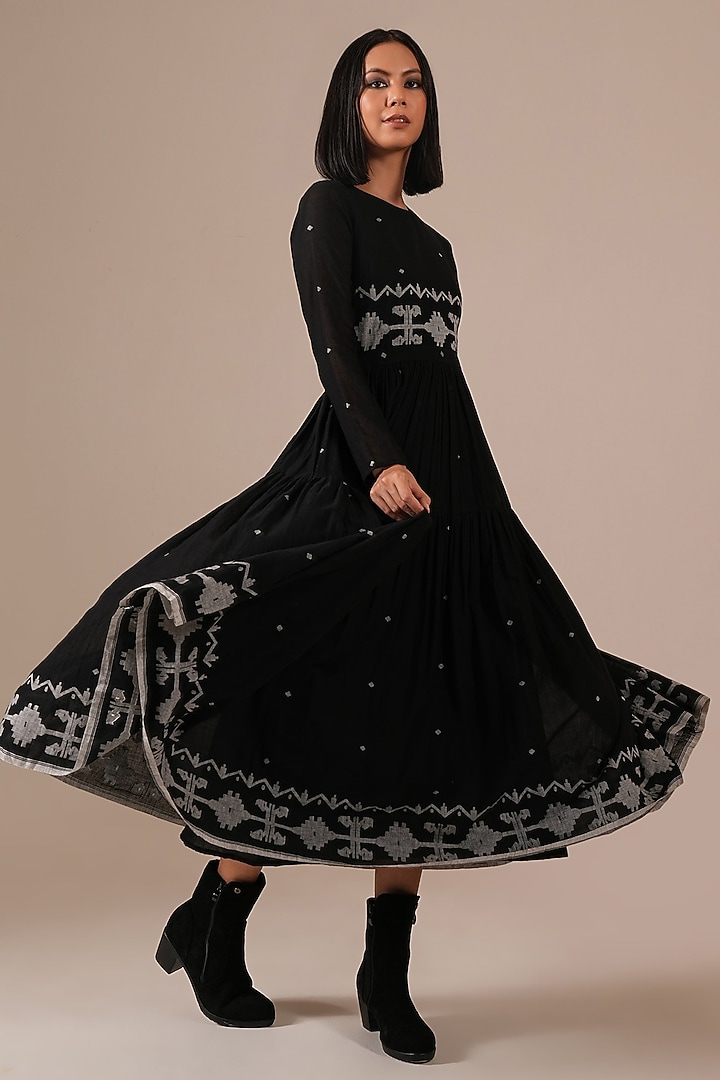 Black Handwoven Jamdani & Cotton Tiered Midi Vacation Dress by Indigo Dreams at Pernia's Pop Up Shop