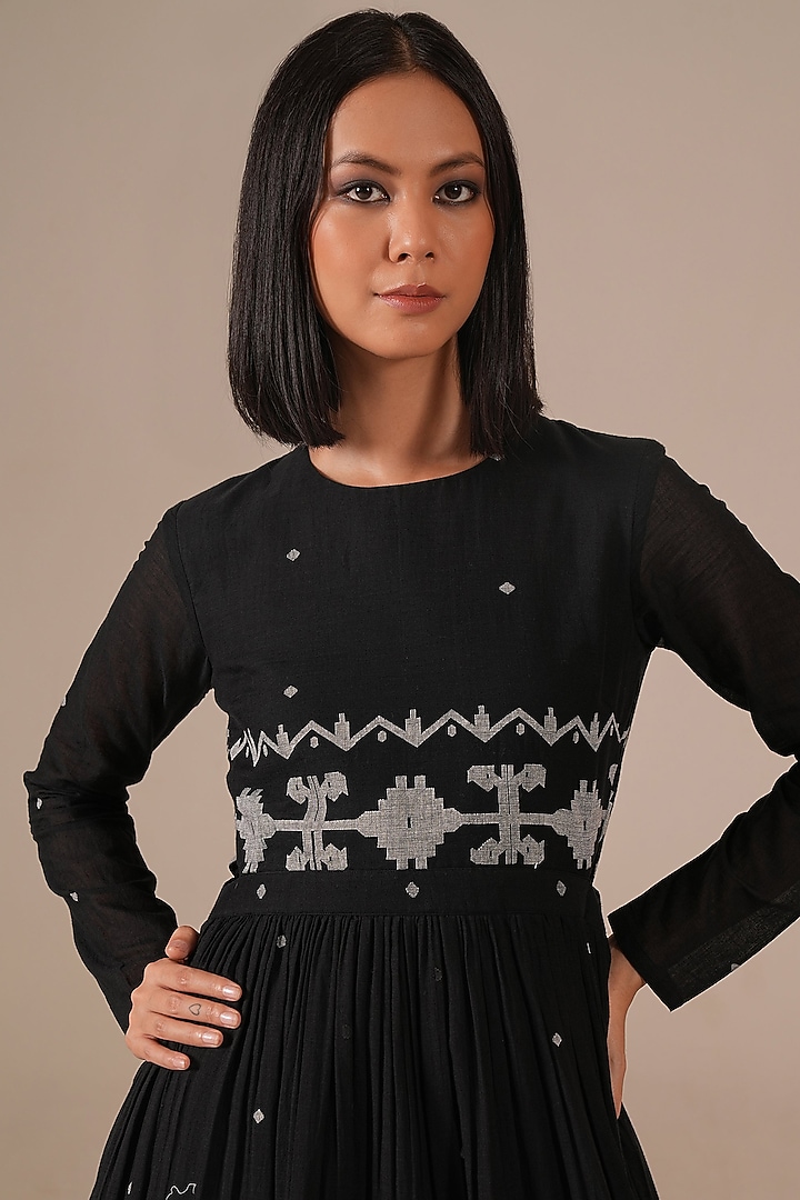 Black Handwoven Jamdani & Cotton Tiered Midi Vacation Dress by Indigo Dreams at Pernia's Pop Up Shop