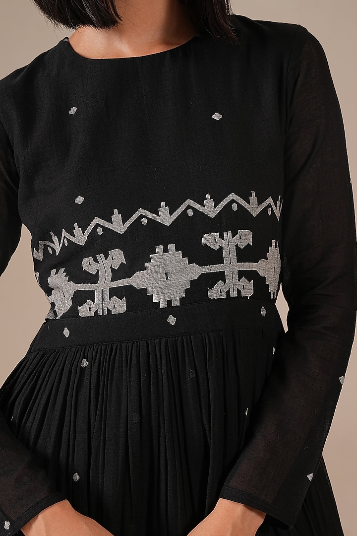 Black Handwoven Jamdani & Cotton Tiered Midi Vacation Dress by Indigo Dreams at Pernia's Pop Up Shop