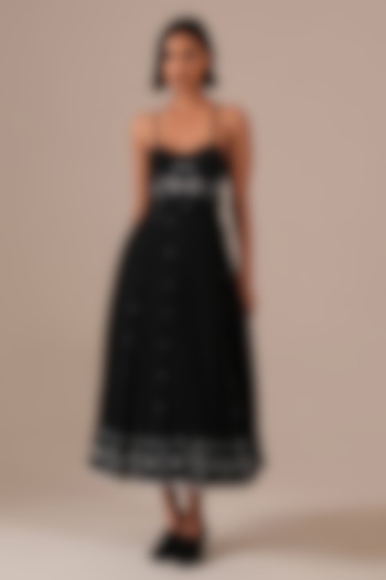Black Handwoven Jamdani & Cotton Pleated Midi Vacation Dress by Indigo Dreams at Pernia's Pop Up Shop