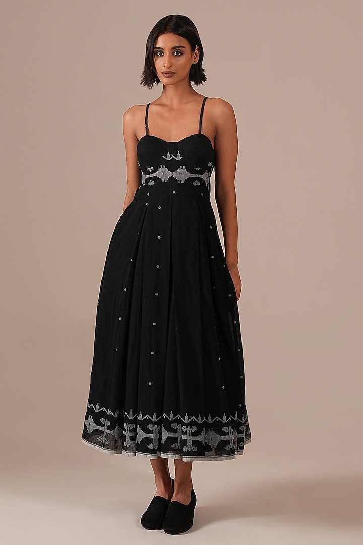 Black Handwoven Jamdani & Cotton Pleated Midi Vacation Dress by Indigo Dreams at Pernia's Pop Up Shop