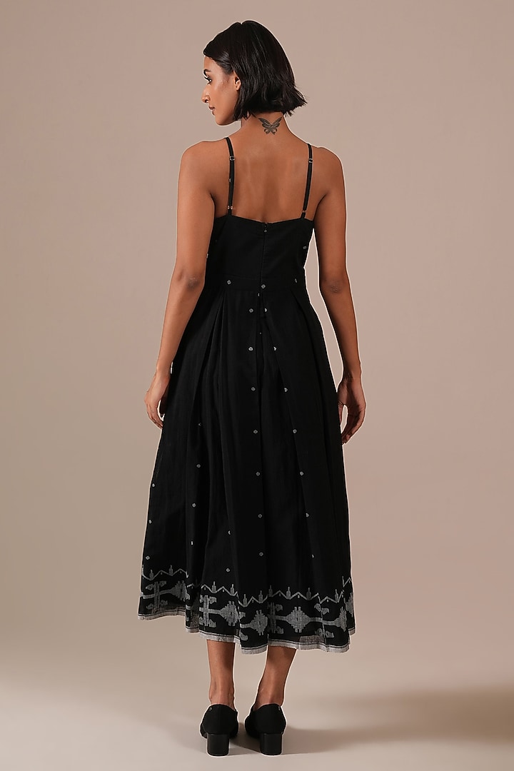 Black Handwoven Jamdani & Cotton Pleated Midi Vacation Dress by Indigo Dreams at Pernia's Pop Up Shop