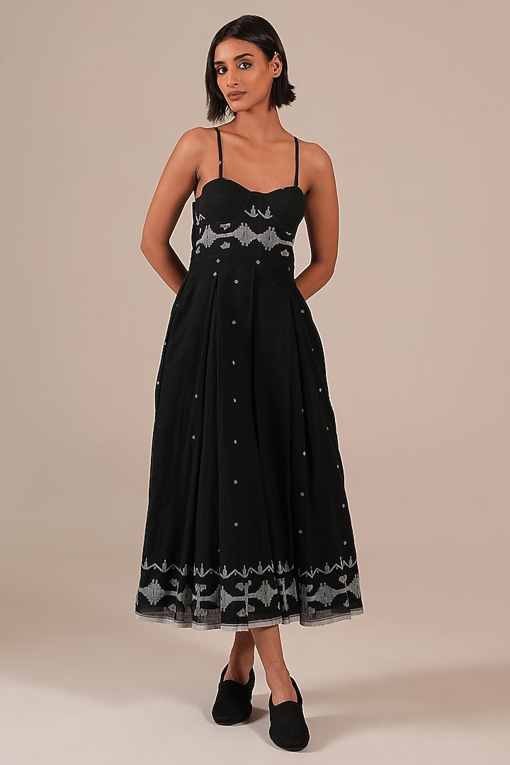 Black Handwoven Jamdani & Cotton Pleated Midi Vacation Dress by Indigo Dreams at Pernia's Pop Up Shop