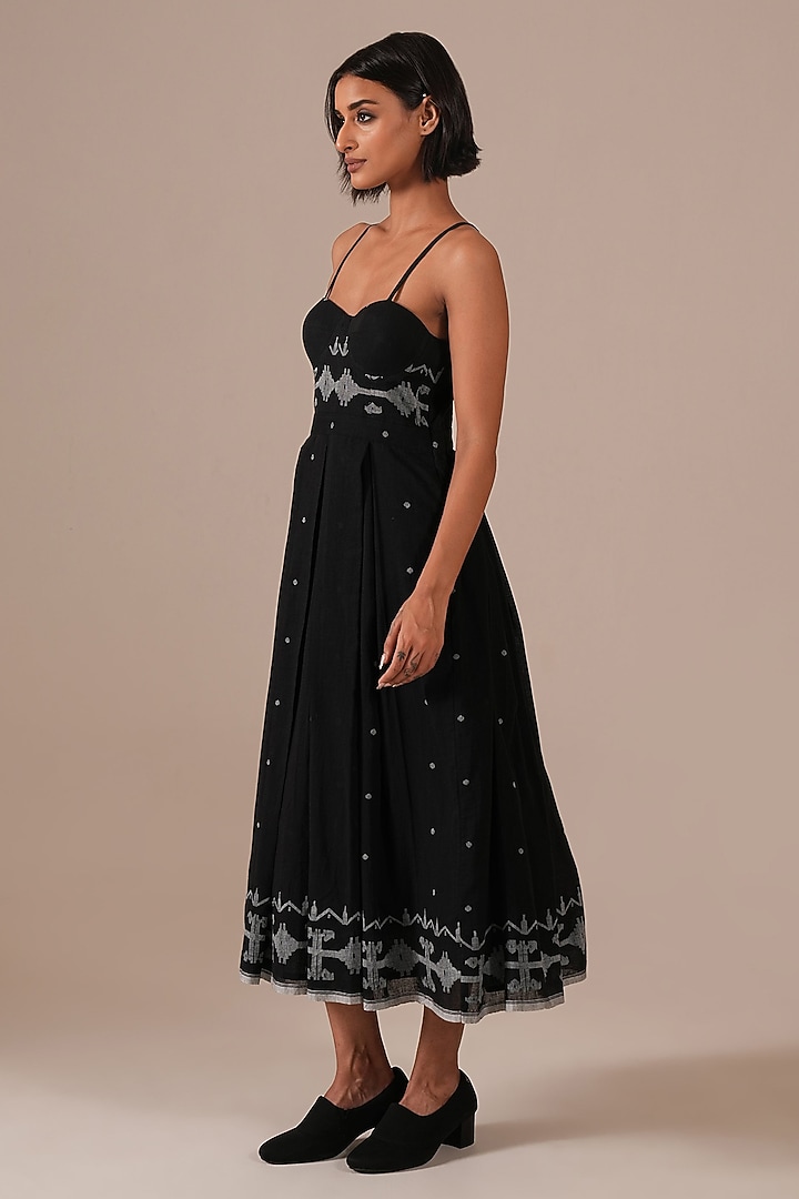 Black Handwoven Jamdani & Cotton Pleated Midi Vacation Dress by Indigo Dreams at Pernia's Pop Up Shop