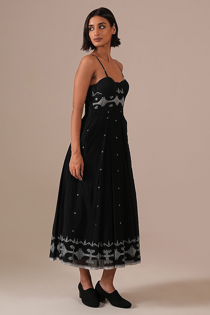 Black Handwoven Jamdani & Cotton Pleated Midi Vacation Dress by Indigo Dreams at Pernia's Pop Up Shop