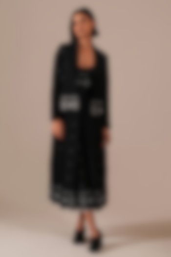 Black Handwoven Jamdani & Cotton Pleated Midi Vacation Dress With Jacket by Indigo Dreams at Pernia's Pop Up Shop