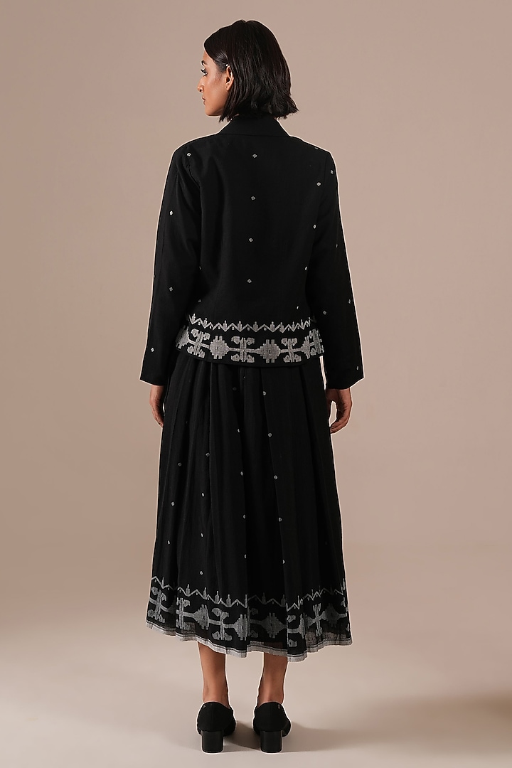 Black Handwoven Jamdani & Cotton Pleated Midi Vacation Dress With Jacket by Indigo Dreams at Pernia's Pop Up Shop