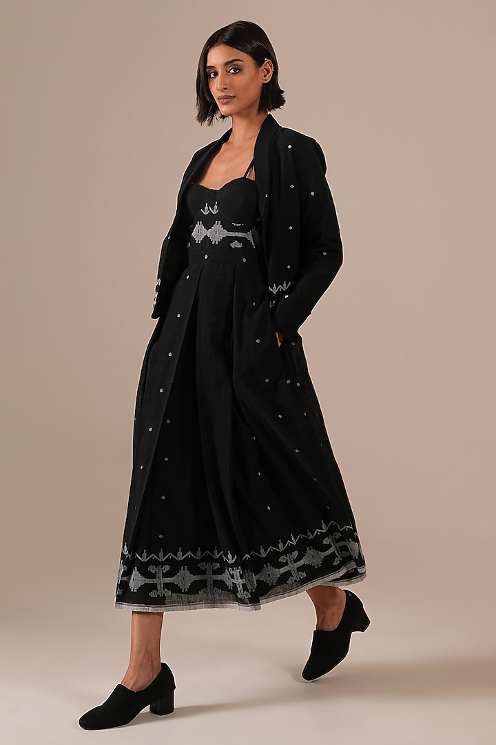 Black Handwoven Jamdani & Cotton Pleated Midi Vacation Dress With Jacket by Indigo Dreams at Pernia's Pop Up Shop