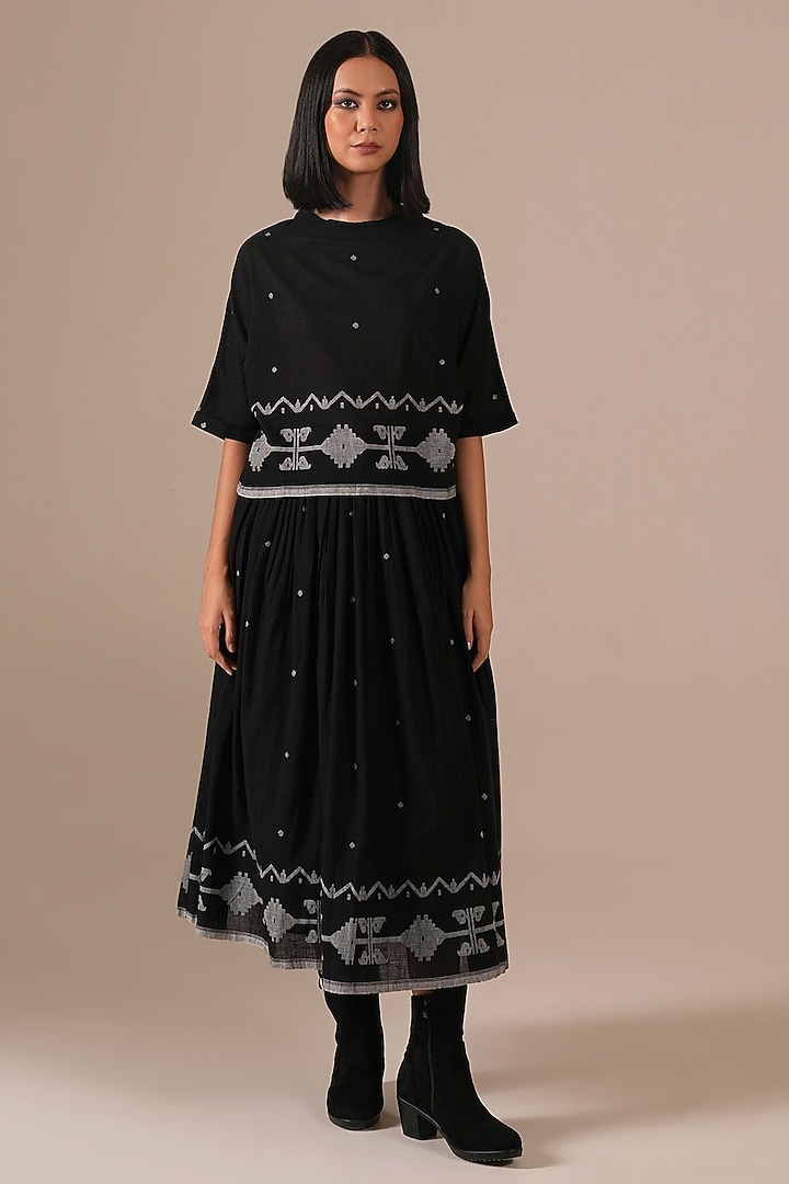 Black Handwoven Jamdani & Cotton Gathered Skirt Set by Indigo Dreams at Pernia's Pop Up Shop