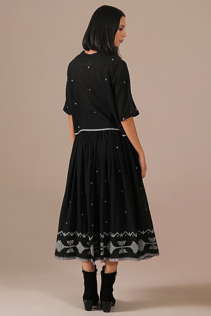 Black Handwoven Jamdani & Cotton Gathered Skirt Set by Indigo Dreams at Pernia's Pop Up Shop