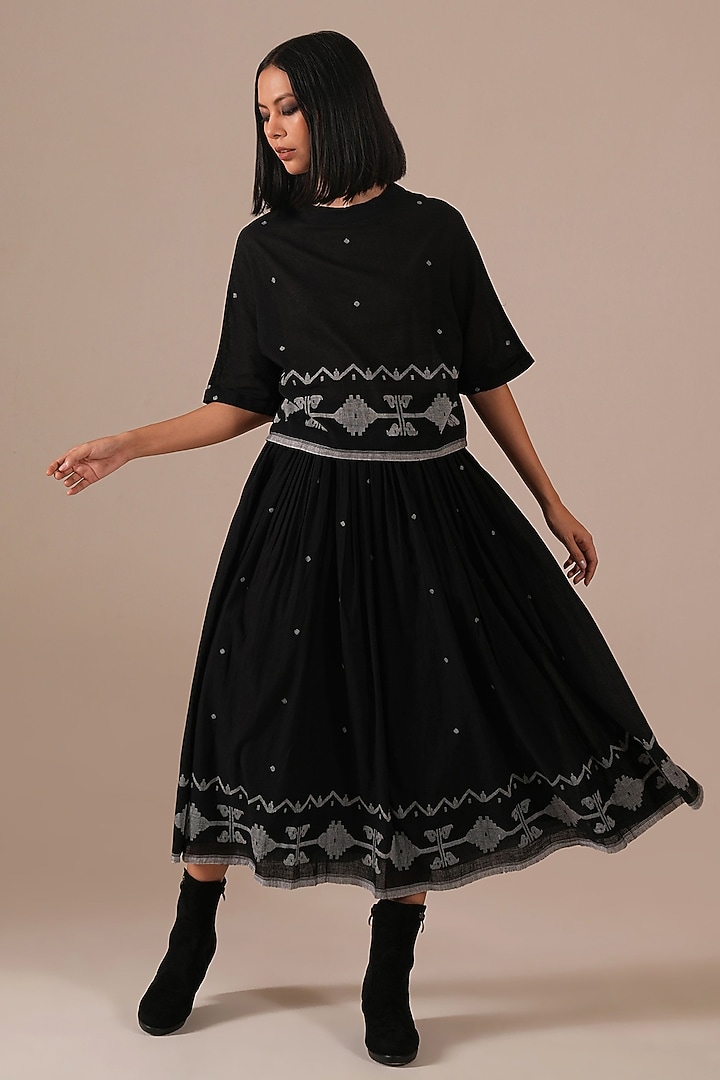 Black Handwoven Jamdani & Cotton Gathered Skirt Set by Indigo Dreams at Pernia's Pop Up Shop