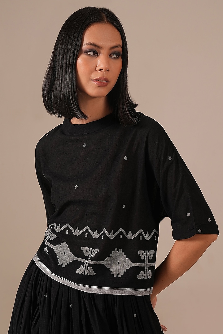 Black Handwoven Jamdani & Cotton Gathered Skirt Set by Indigo Dreams at Pernia's Pop Up Shop
