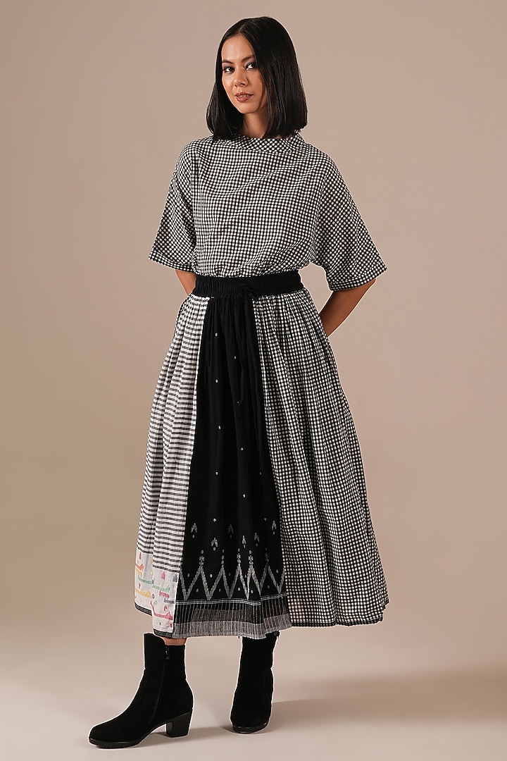 Black Handwoven Jamdani & Cotton Gathered Skirt Set by Indigo Dreams at Pernia's Pop Up Shop