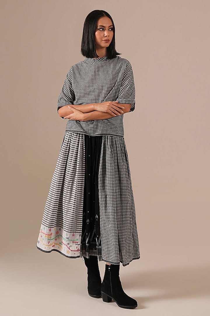 Black Handwoven Jamdani & Cotton Gathered Skirt Set by Indigo Dreams at Pernia's Pop Up Shop