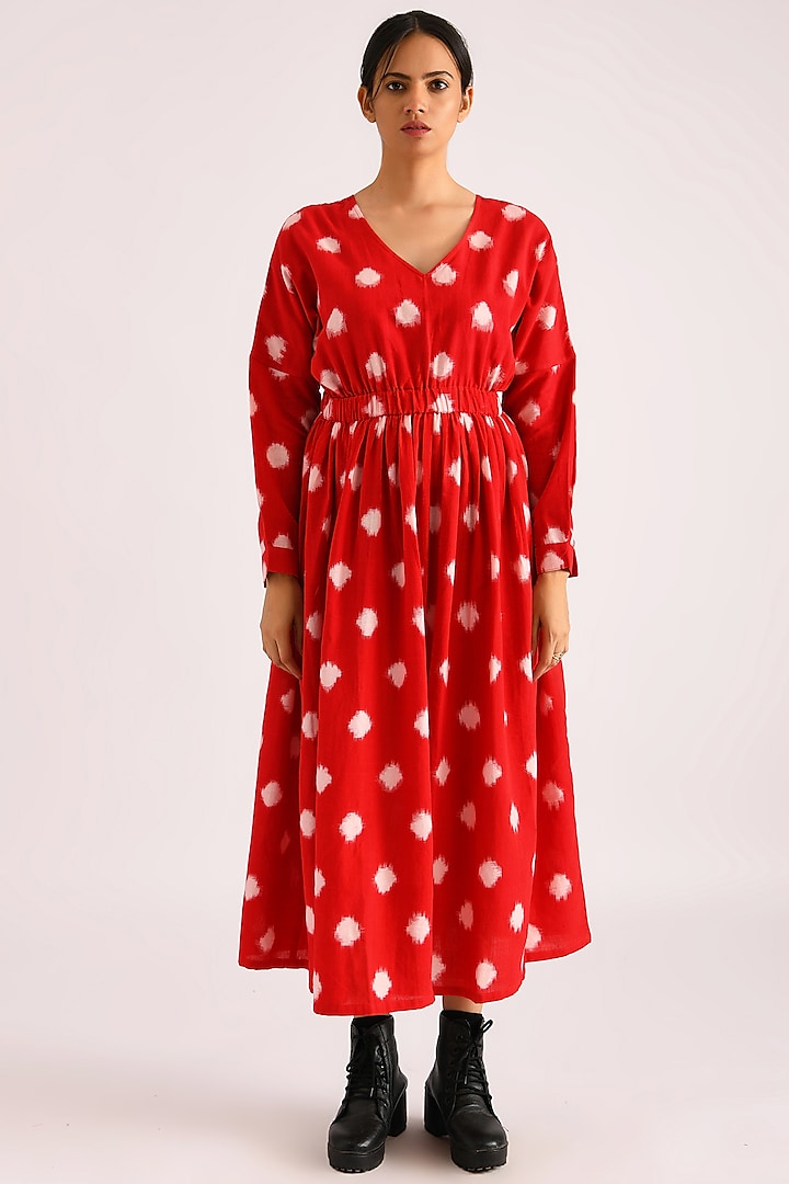 Red Handwoven Cotton Dress by Indigo Dreams