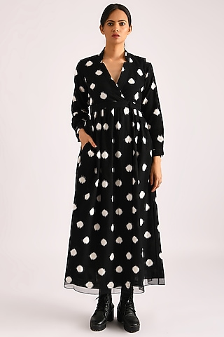 Black Handwoven Printed Wrap Dress by Indigo Dreams