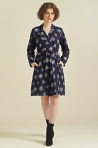Blue Handwoven Ikat Cotton Coat Cum Dress by Indigo Dreams
