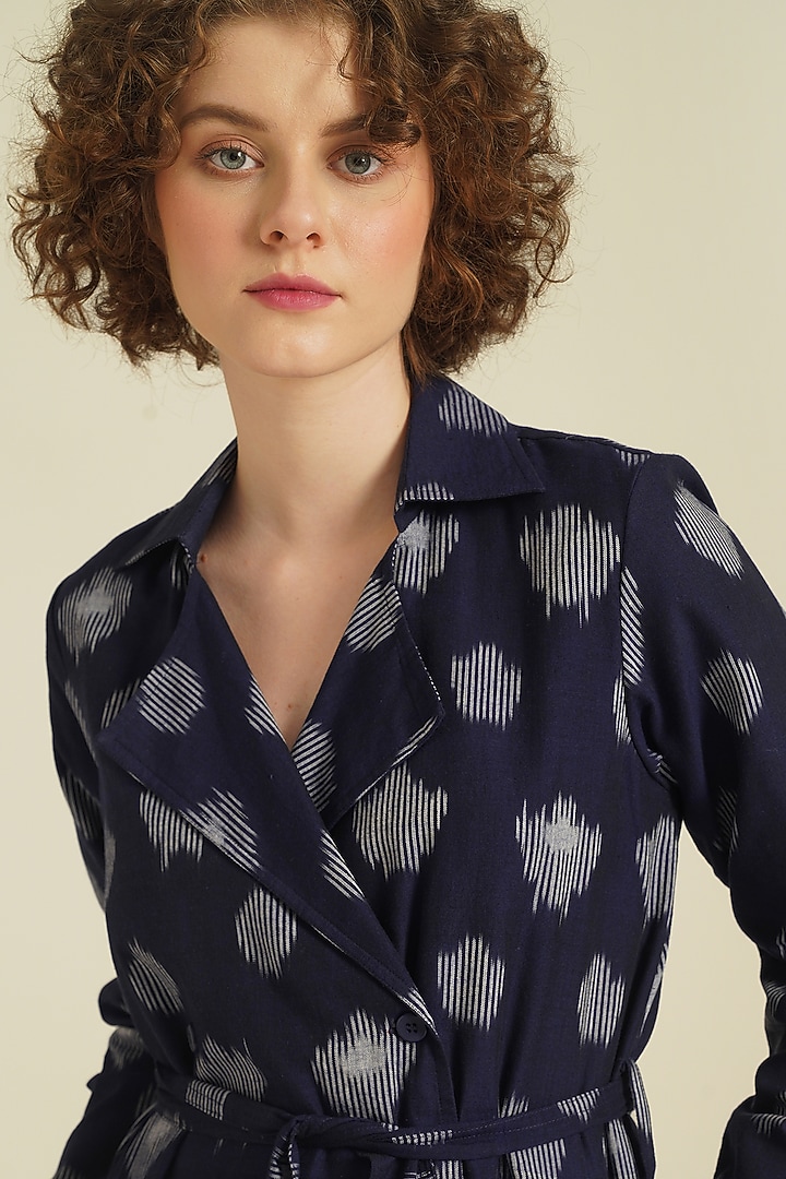 Blue Handwoven Ikat Cotton Coat Cum Summer Dress by Indigo Dreams at Pernia's Pop Up Shop