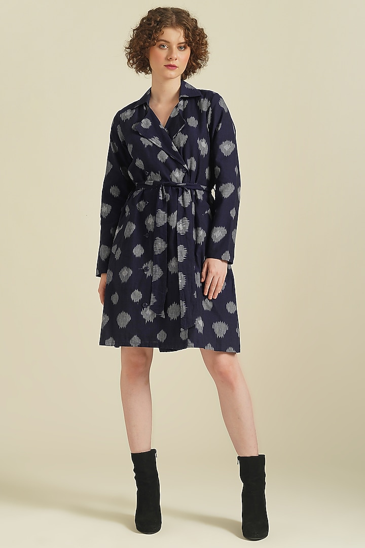 Blue Handwoven Ikat Cotton Coat Cum Summer Dress by Indigo Dreams at Pernia's Pop Up Shop