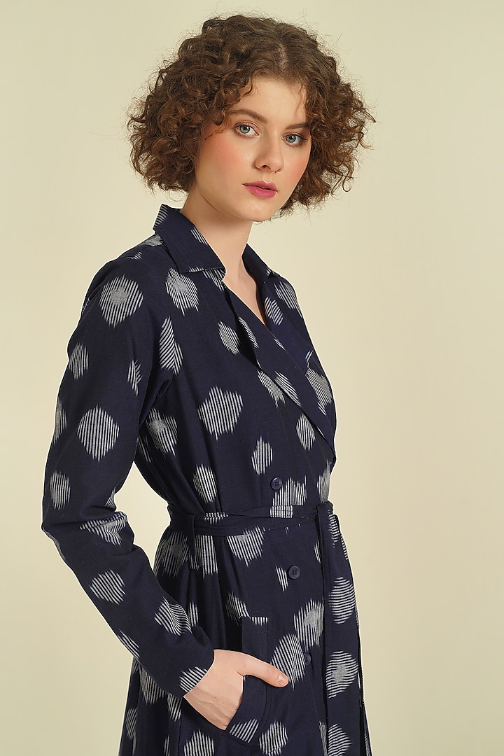 Blue Handwoven Ikat Cotton Coat Cum Summer Dress by Indigo Dreams at Pernia's Pop Up Shop