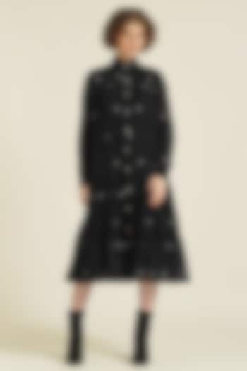 Black Handwoven Jamdani Cotton Tiered Midi Summer Shirt Dress by Indigo Dreams at Pernia's Pop Up Shop