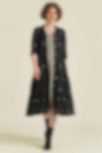 Black Handwoven Jamdani Cotton Tiered Midi Shirt Dress by Indigo Dreams