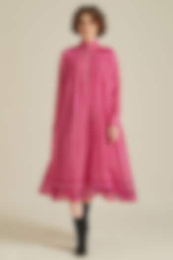 Pink Handwoven Jamdani Cotton Gathered Dress by Indigo Dreams