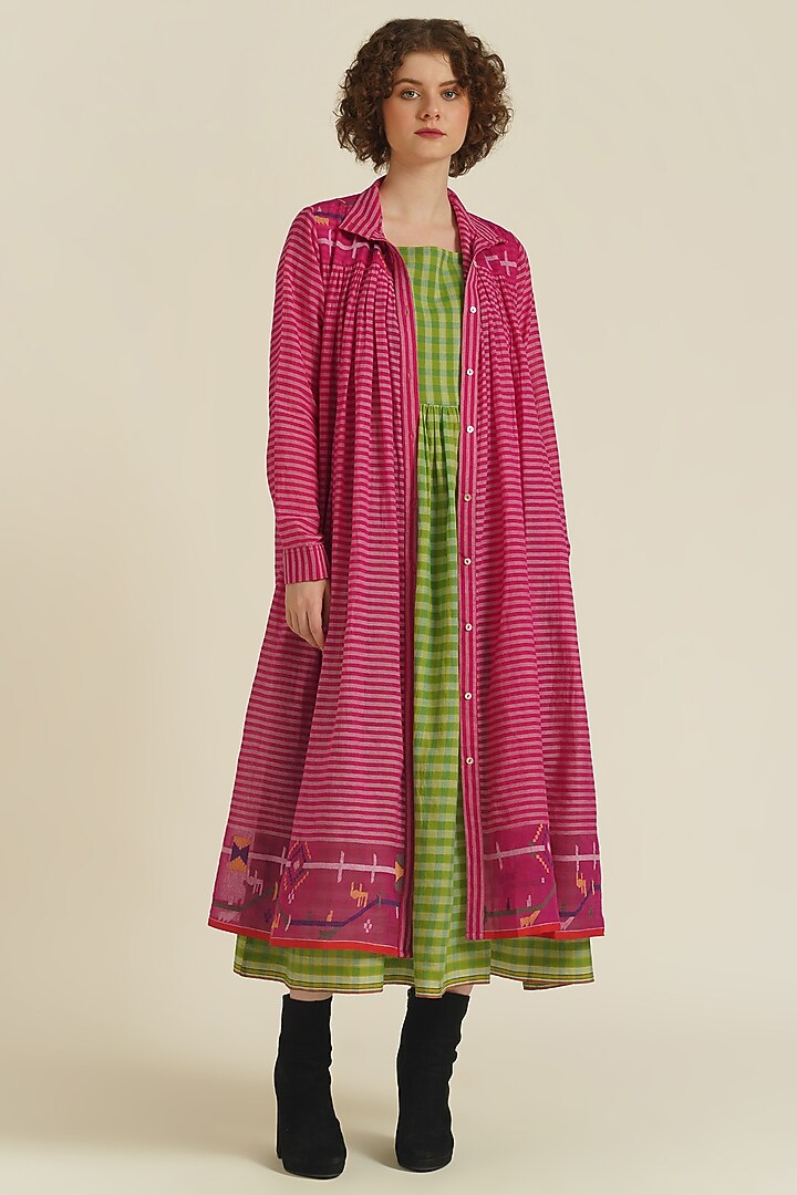 Pink & Green Handwoven Jamdani Cotton Jacket Vacation Dress by Indigo Dreams at Pernia's Pop Up Shop