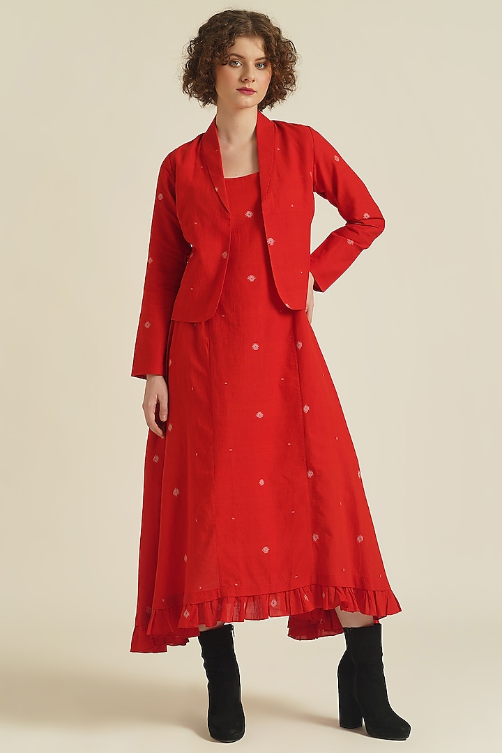 Red Handwoven Jamdani Cotton Jacket Dress by Indigo Dreams