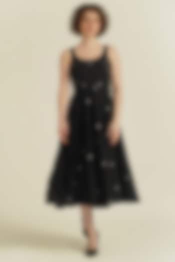 Black Handwoven Jamdani Cotton Midi Dress by Indigo Dreams